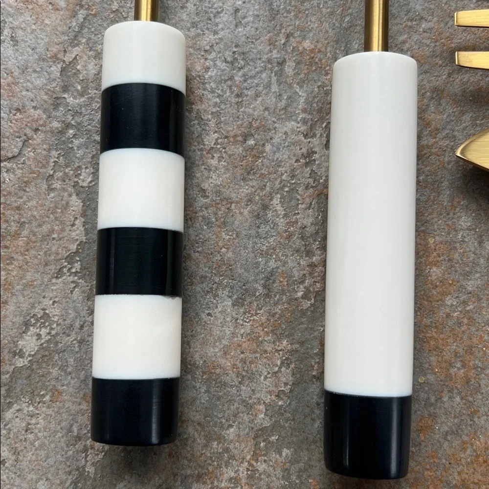 NWOT Gold colored metal Black and white Striped Flatware serving Set